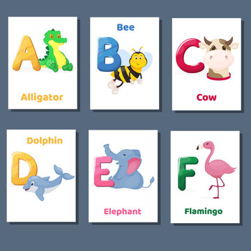 Alphabet printable flashcards vector collection with letter A B C D E F. Zoo animals for english language education.