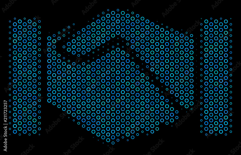 Poster halftone handshake mosaic icon of circle elements in blue color tints on a black background. vector 
