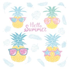 Fototapeta premium pineapple with glasses tropical, vector, illustration, design, exotic, food, fruit
