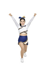 Happy asian cheerleader with white and blue suit