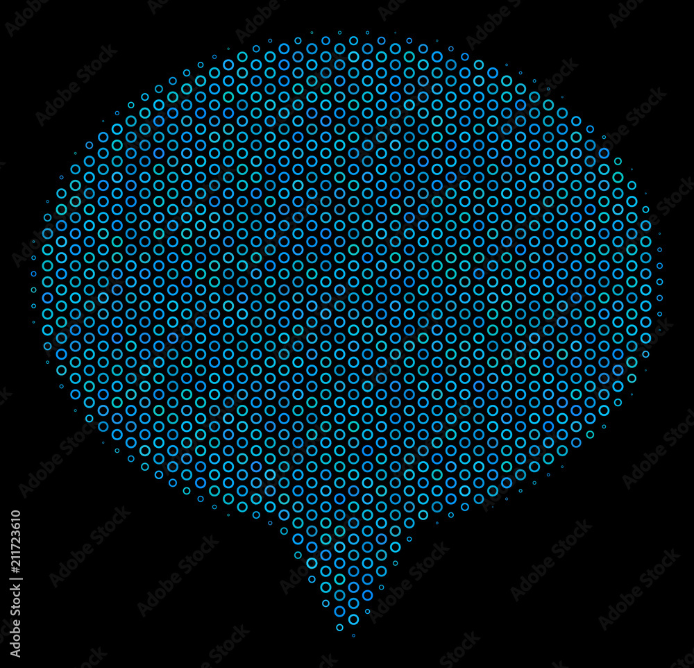 Aufkleber halftone hint collage icon of spheric bubbles in blue color hues on a black background. vector spher