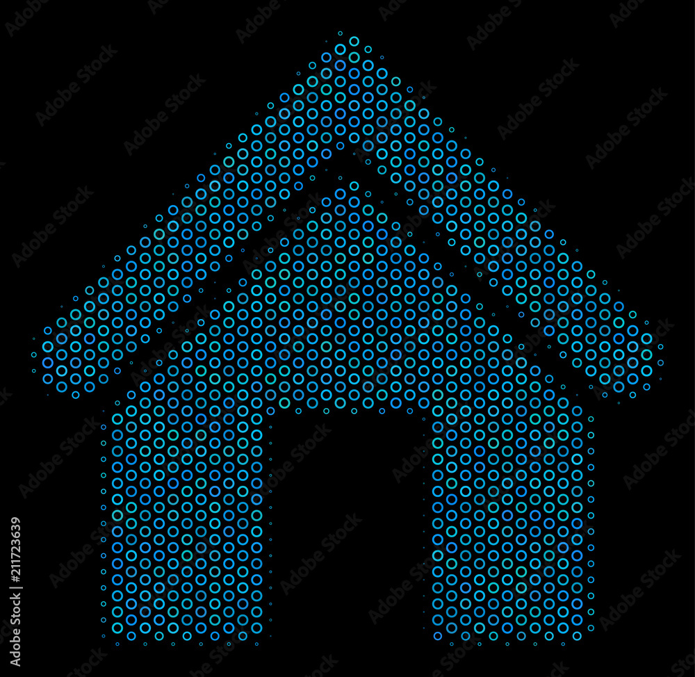 Poster halftone home mosaic icon of empty circles in blue shades on a black background. vector empty circle