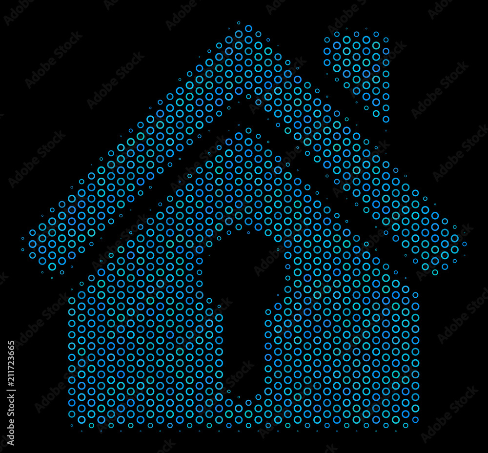 Poster halftone home keyhole composition icon of circle bubbles in blue color tones on a black background. 