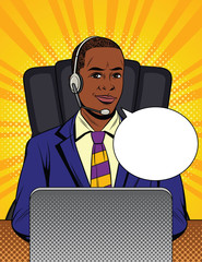 Vector colorful comic style illustration of a consultant in headphones making a call. African American guy in suit working at call center