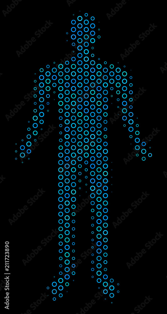 Aufkleber halftone human mosaic icon of empty circles in blue color hues on a black background. vector empty c