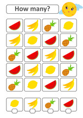 Counting game for preschool children for the development of mathematical abilities. How many tropical fruits. With a place for answers. Simple flat isolated vector illustration.