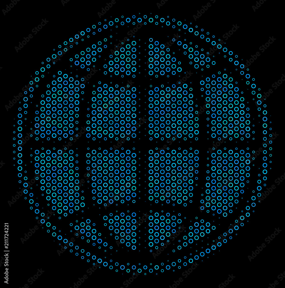 Poster halftone internet mosaic icon of circle elements in blue color tinges on a black background. vector 