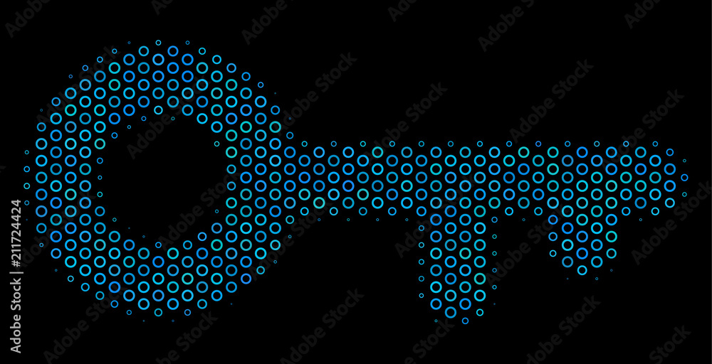 Aufkleber halftone key collage icon of empty circles in blue color hues on a black background. vector empty ci