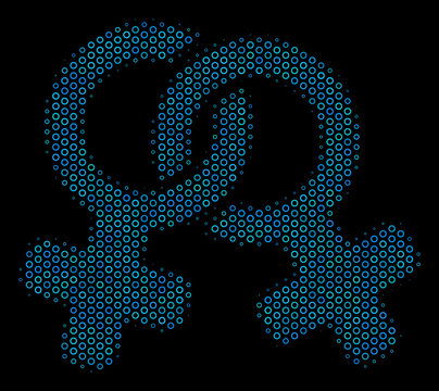 Halftone Lesbi symbol mosaic icon of empty circles in blue color tints on a black background. Vector empty circles are composed into lesbi symbol composition.