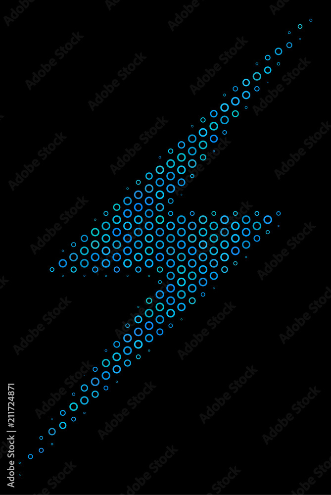 Aufkleber halftone lightning composition icon of circle elements in blue color hues on a black background. vec