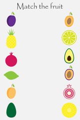 Match the fruit and slice (plum, pineapple,lime,garnet, avocado) in cartoon style for children, preschool worksheet activity for kids, task for the development of logical thinking, vector illustration