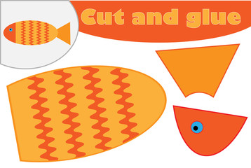 Fish in cartoon style, education game for the development of preschool children, use scissors and glue to create the applique, cut parts of the image and glue on the paper, vector illustration