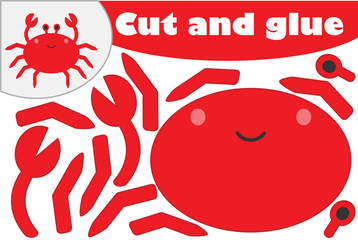 Crab in cartoon style, education game for the development of preschool children, use scissors and glue to create the applique, cut parts of the image and glue on the paper, vector illustration