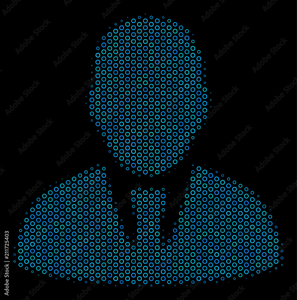 Poster halftone manager mosaic icon of empty circles in blue color hues on a black background. vector circl