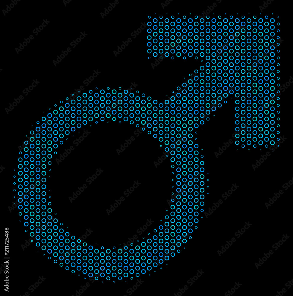 Poster halftone mars symbol mosaic icon of spheres in blue color tones on a black background. vector circle