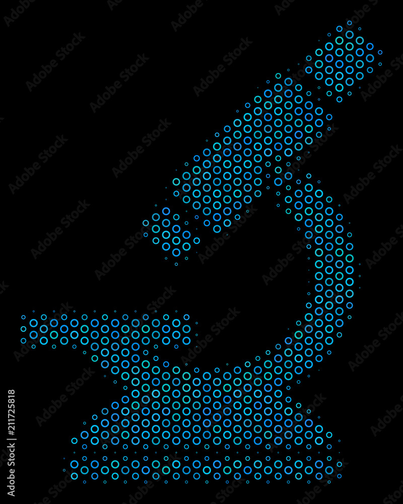 Poster halftone microscope composition icon of circle bubbles in blue color tinges on a black background. v