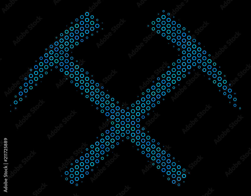 Poster halftone mining hammers composition icon of spheres in blue color hues on a black background. vector