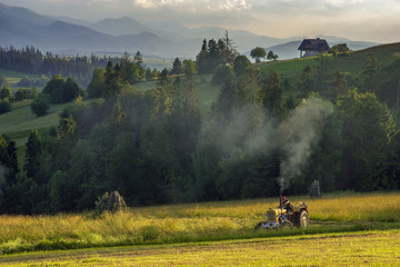 haymaking in the mountains, tractors with mowers cutting the meadows in the Polish mountains
