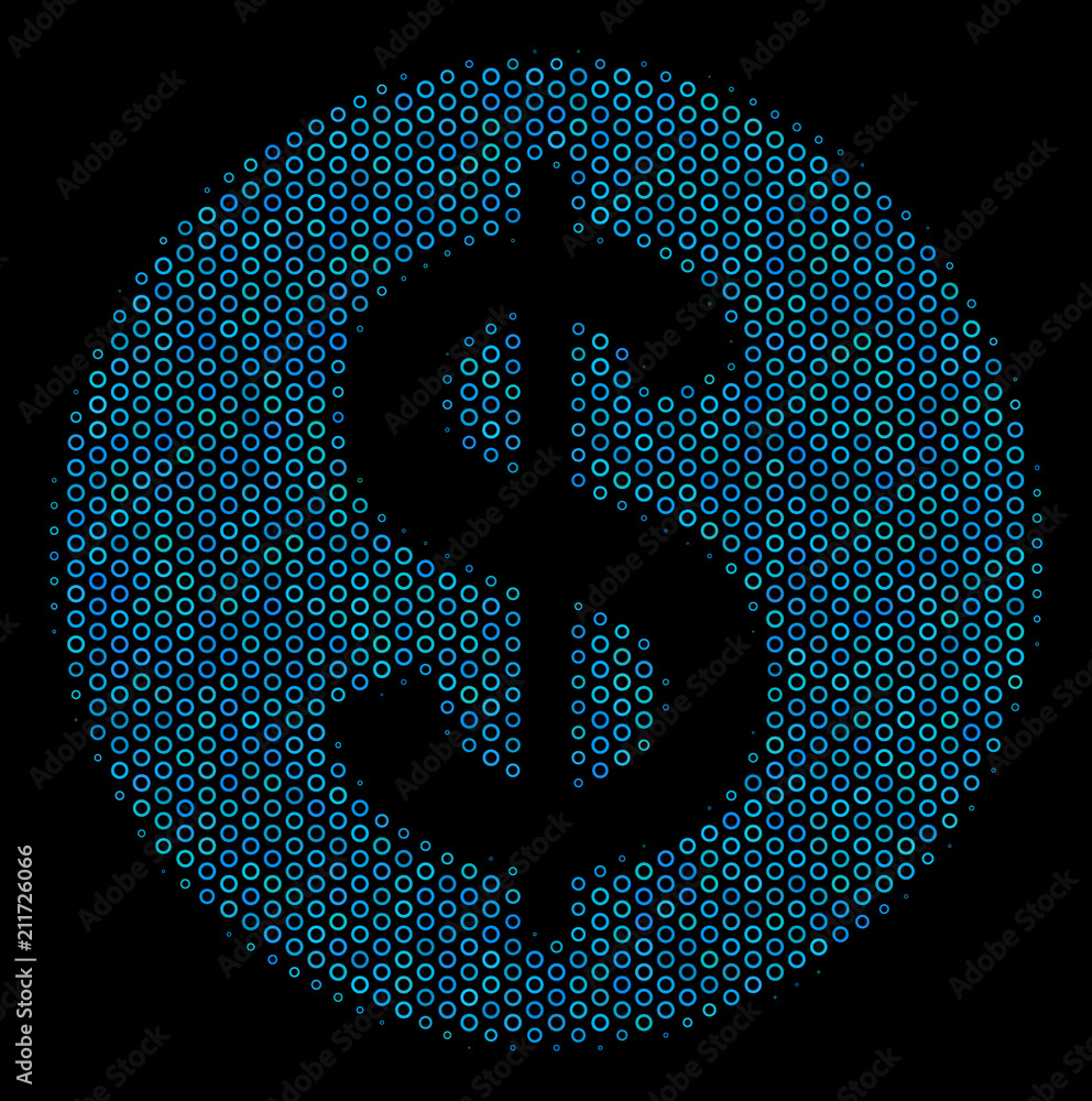 Poster halftone money mosaic icon of empty circles in blue color tints on a black background. vector empty 