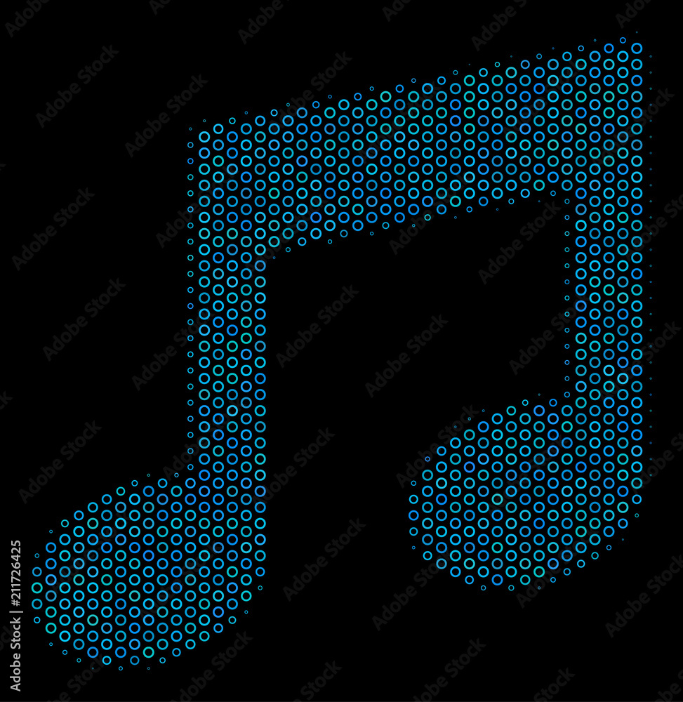 Poster halftone music notes composition icon of empty circles in blue shades on a black background. vector 