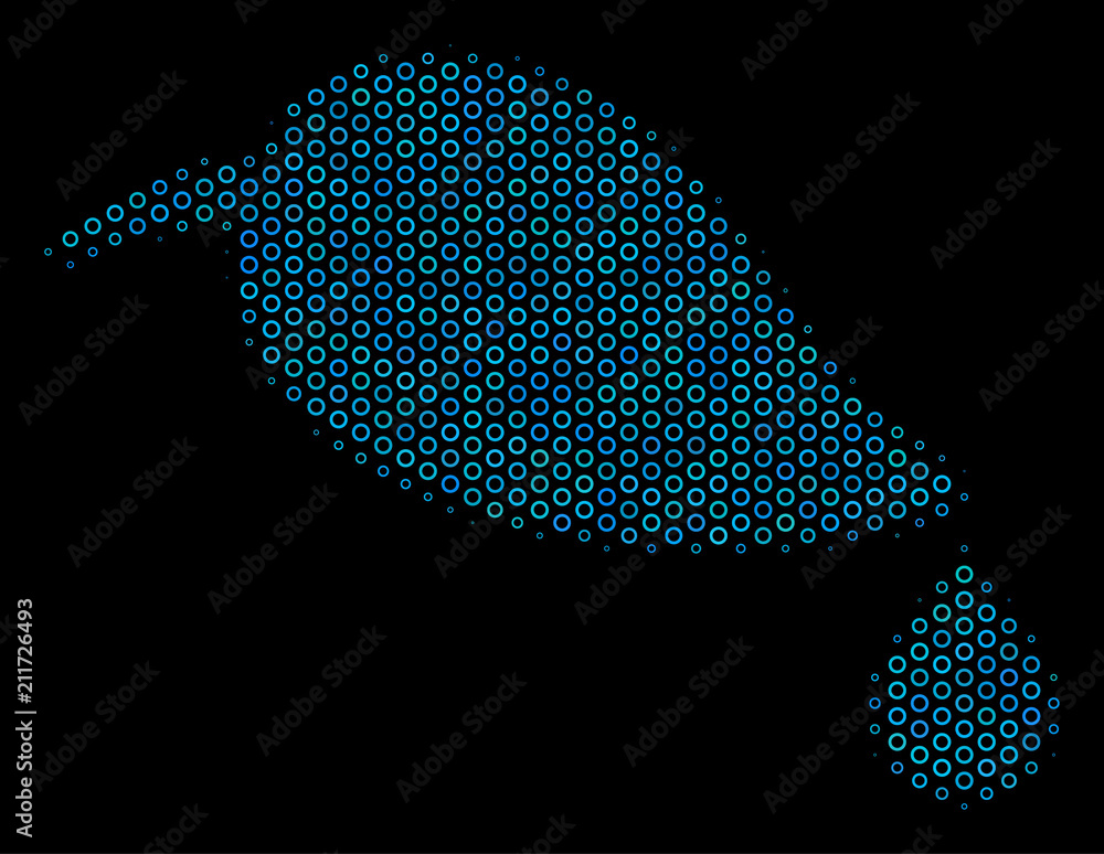 Poster halftone natural leaf with drop mosaic icon of empty circles in blue color tints on a black backgrou