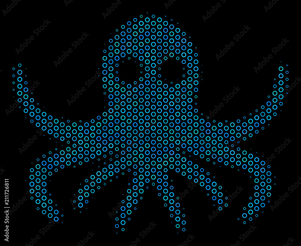 Poster halftone octopus composition icon of empty circles in blue color tinges on a black background. vecto