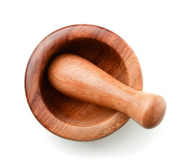 Top view of wooden mortar and pestle - obrazy, fototapety, plakaty