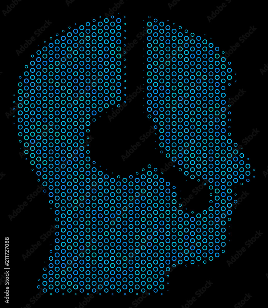 Poster halftone operator composition icon of spheric bubbles in blue color tints on a black background. vec