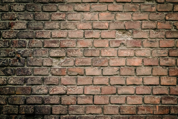 Red old worn brick wall texture background. Vintage effect. Background. Old brick wall in the background. Old brick close-up with plaster. Grunge Brick Wall With Broken Plaster Texture. The wall.