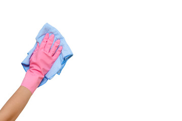 Employee hand in rubber protective glove with rag isolated on white background. General or regular...