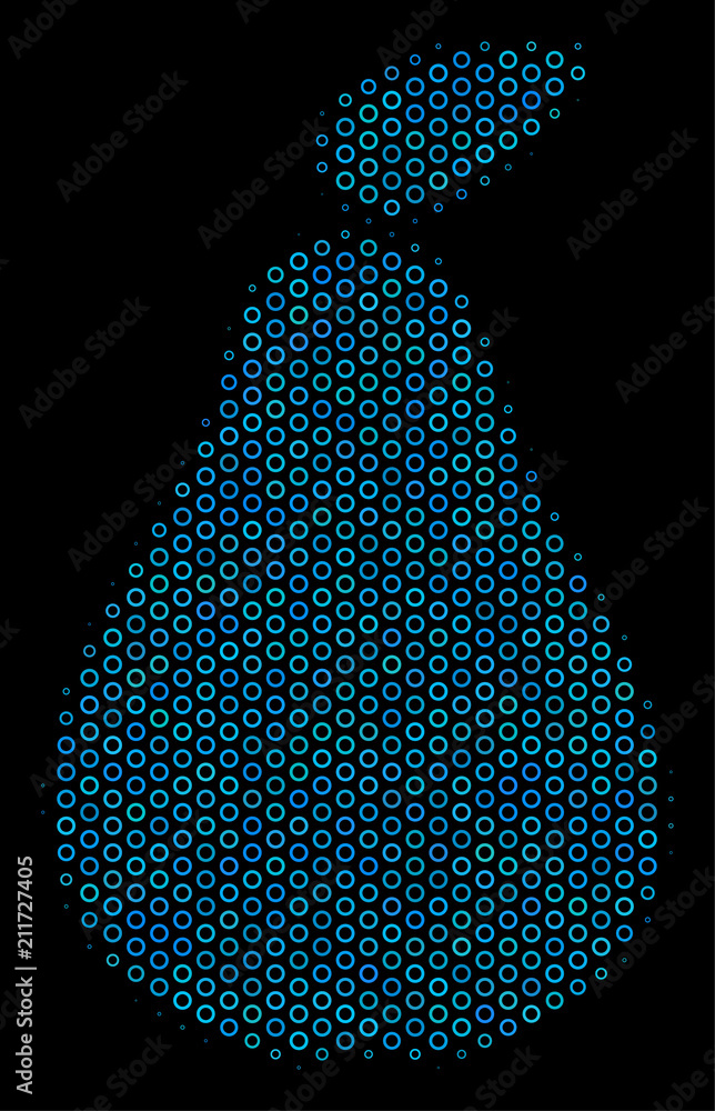 Poster halftone pear composition icon of circle elements in blue color tints on a black background. vector 