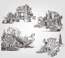 Set of sketches with watermills. Vector hand drawing