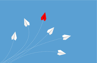 Red paper plane changing direction from white. new idea. different business concept. courage to risk. leadership. vector illustration - obrazy, fototapety, plakaty