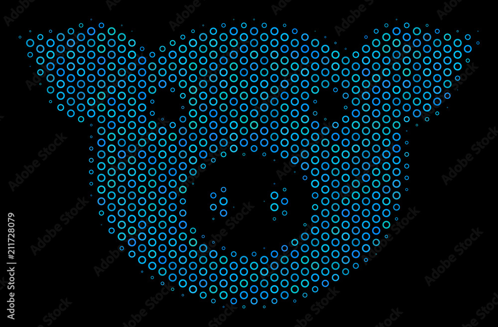 Poster halftone pig head collage icon of empty circles in blue color hues on a black background. vector emp