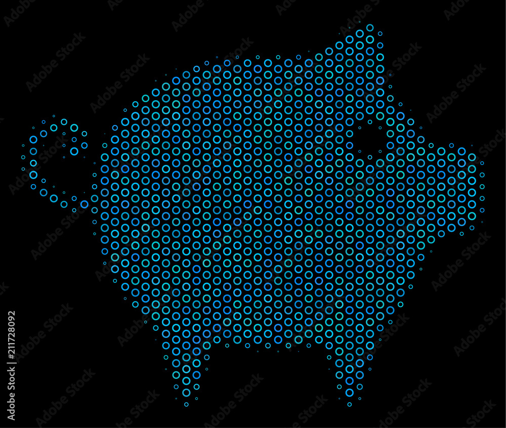 Poster halftone piggy composition icon of circle elements in blue color hues on a black background. vector 