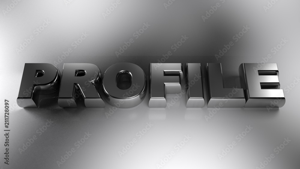 Poster profile metallic chrome write on white surface - 3d rendering