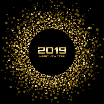 Happy New Year 2019 Card Background. Gold Bright Disco Lights. Halftone Circle Frame. Golden Round border using halftone circle dots raster texture. Christmas design element. Vector illustration