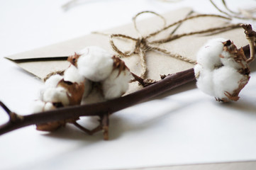 Stock stylish mock up photo with branch of cotton and craft envelope with a rope in warm color tones. Rustic style photo for blog or website.