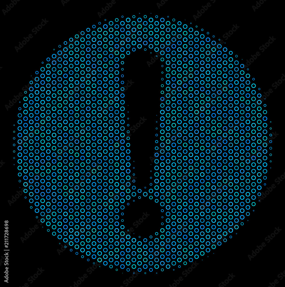 Poster halftone problem mosaic icon of circle bubbles in blue color tinges on a black background. vector ro