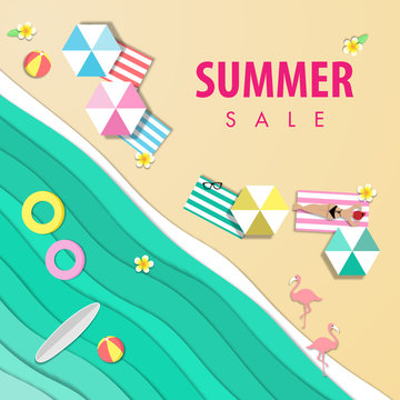 summer sale beautiful beach background, top view with paper art style vector