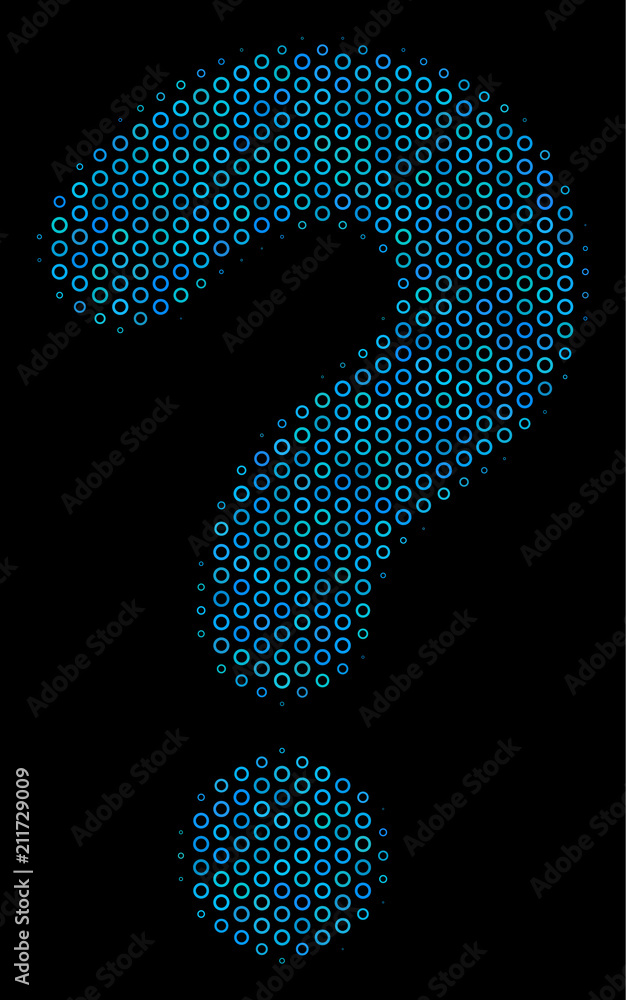Poster halftone question composition icon of circle bubbles in blue shades on a black background. vector ci