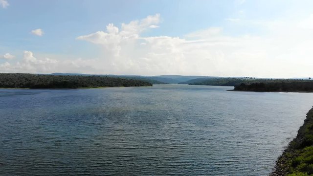 4K Drone shot aerial view scenic landscape of reservoir dam at the countryside