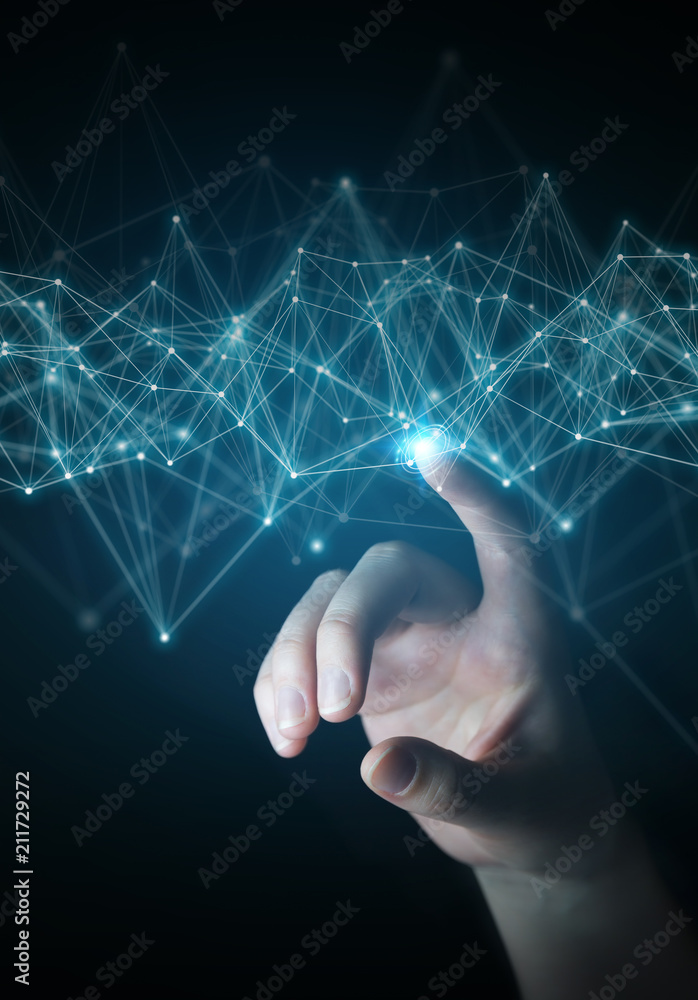 Poster businesswoman using flying network connection 3d rendering