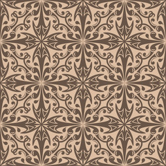 Dark brown floral seamless pattern on beige background