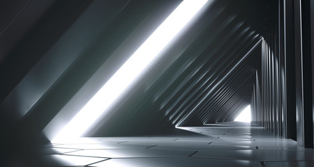 Dark Futuristic Modern Sci Fi Triangle Shaped Reflective Corridor With Reflective Hexagon Floor And Side Lights 3D Rendering