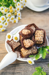 Handmade chocolates on the table.
