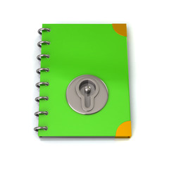 Green notebook with keyhole 3d illustration on white background
