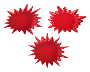 Three red starburst speech bubbles 3d illustration on white background