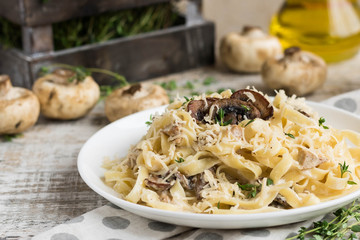 Fetuchini alfredo with mushrooms and chicken ham in creamy cheese sauce