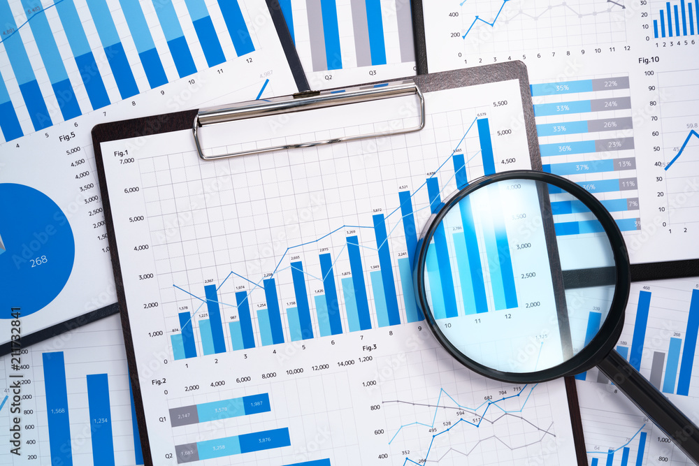 Poster Analyzing and gathering statistical data. Growth charts. Many business reports and magnifying glass.
